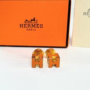 Vintage Hermes Cage d'H Gold Plated Red Lacquer Stud Earrings w/box Iconic GS733